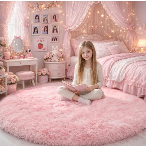 Pink Fluffy Round Rug - Picture 4 of 6